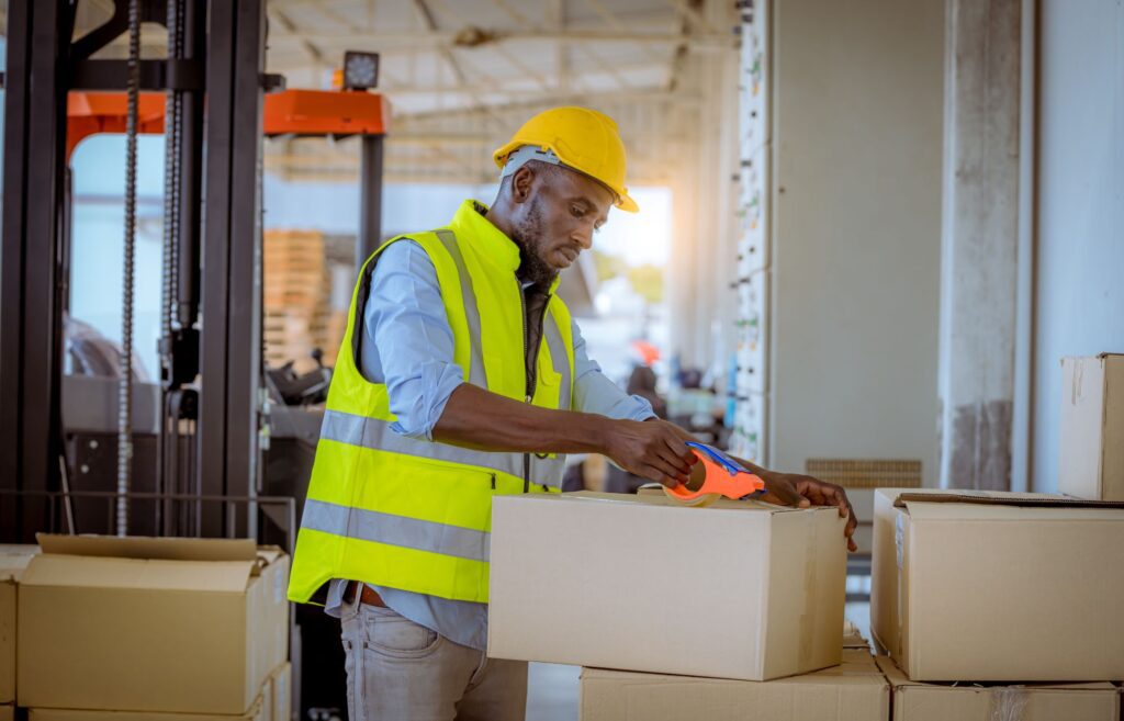 Man in a yellow vest in a warehouse tapping a box
